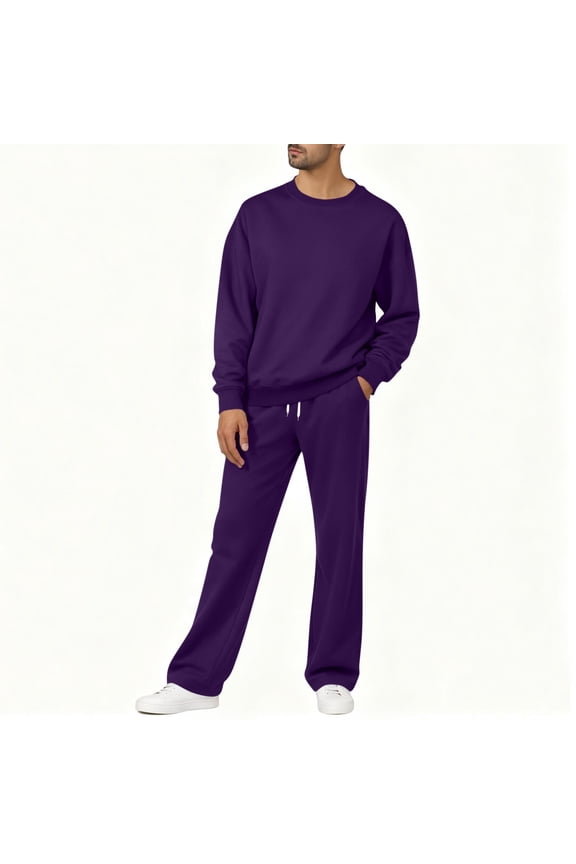 Men's Fleece Tracksuits Solid 2 Piece Set Crewneck Sweatshirts & Open Bottom Sweatpants with Pockets