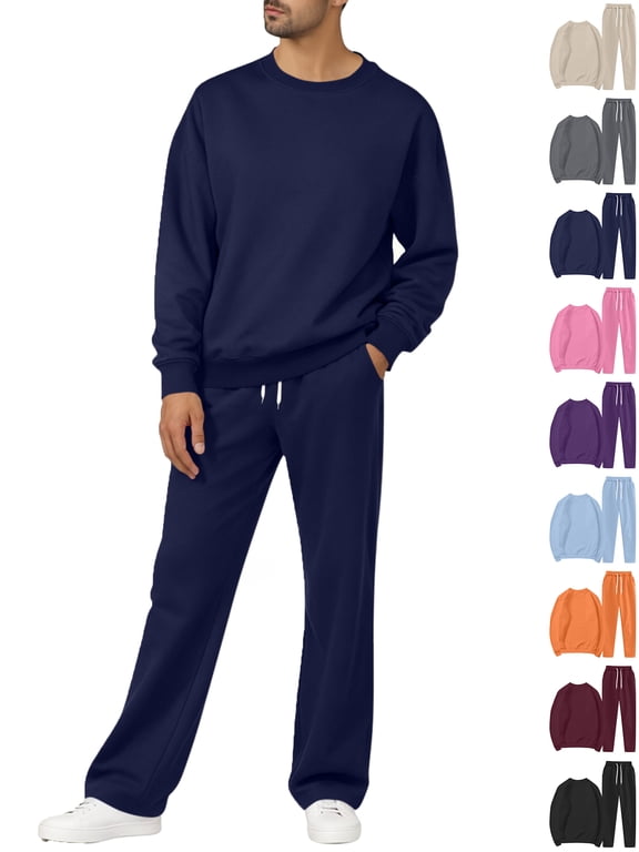 Men's Fleece Tracksuits Solid 2 Piece Set Crewneck Sweatshirts & Open Bottom Sweatpants with Pockets