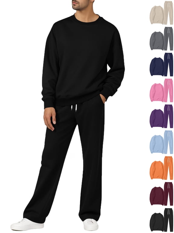 Men's Fleece Tracksuits Solid 2 Piece Set Crewneck Sweatshirts & Open Bottom Sweatpants with Pockets