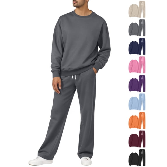 Chiccall Men's Fleece Tracksuits Solid 2 Piece Set Crewneck Sweatshirts & Open Bottom Sweatpants with Pockets