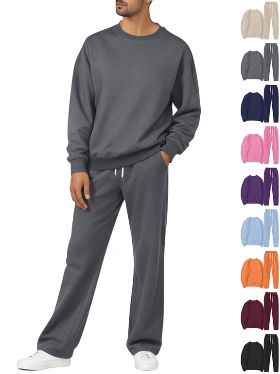 Men's Fleece Tracksuits Solid 2 Piece Set Crewneck Sweatshirts & Open Bottom Sweatpants with Pockets