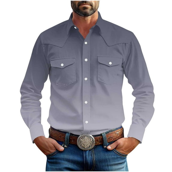 Chiccall Men's Gradient Long Sleeve Shirts Vinatge Printed Slim Fit Business Casual Lapel Button Down Shirts with Pockets
