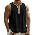 thumbnail image 1 of Chiccall Men's Linen Cotton Tank Tops Casual Vintage Sleeveless Quarter Button Crew Neck T Shirts Lightweight Colorblock Muscle Tee Black S, 1 of 6