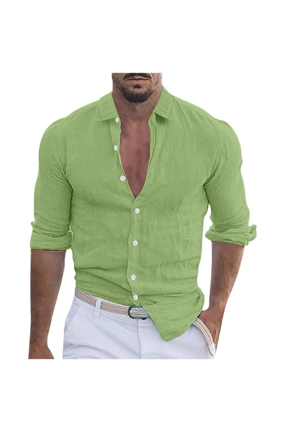 Men's Linen Shirts Slim Fit Long Sleeve Collared Dress Shirts Casual Lightweight Blouse Tops