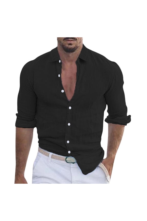 Men's Linen Shirts Slim Fit Long Sleeve Collared Dress Shirts Casual Lightweight Blouse Tops