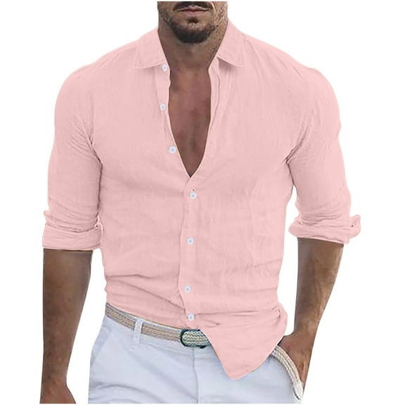 Chiccall Men's Linen Shirts Slim Fit Long Sleeve Collared Dress Shirts Casual Lightweight Blouse Tops