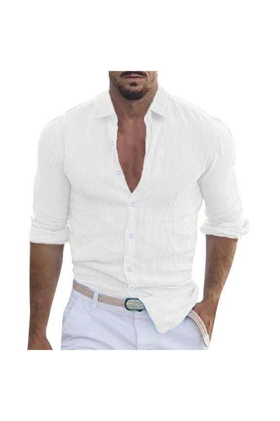 Men's Linen Shirts Slim Fit Long Sleeve Collared Dress Shirts Casual Lightweight Blouse Tops