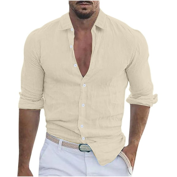 Chiccall Men's Linen Shirts Slim Fit Long Sleeve Collared Dress Shirts Casual Lightweight Blouse Tops
