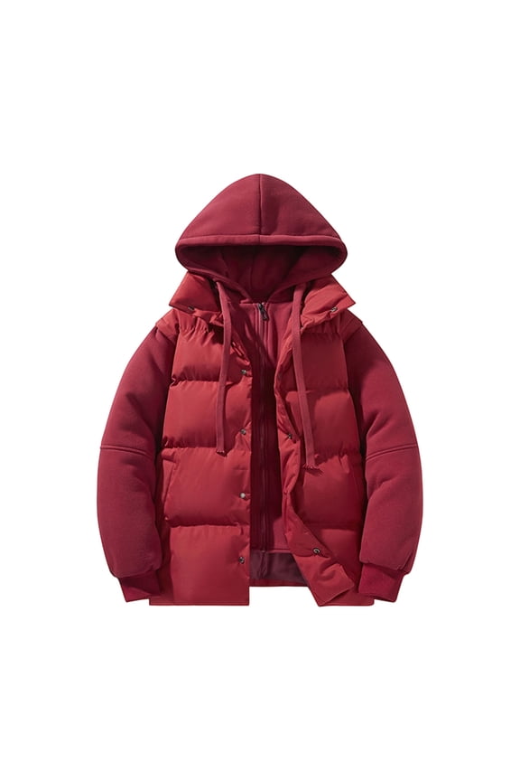 Men's Mock 2 Piece Jacket Winter Puffer Jackets Fashion Solid Zip Up Sanp Hooded Coat Comfy Outerwear for Men