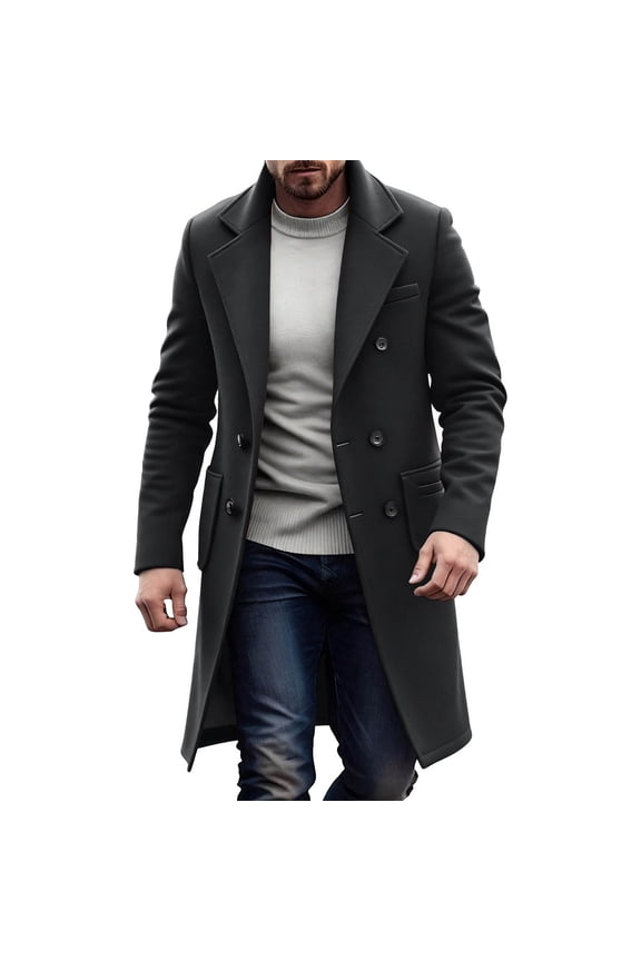 Men's Notched Collar Trench Coat Double Breasted Long Winter Pea Coats Windbreaker Classic Wool Overcoat with Pockets