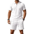 thumbnail image 1 of Chiccall Men's Quarter Zip Shirt and Shorts 2 Piece Set Summer Texture Knitted Outfits Fashion Casual Short Sleeve Beach Suits for Men, 1 of 8