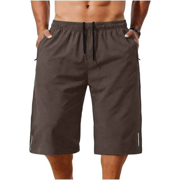 Chiccall Men's Running Shorts Casual Stretch Elastic Waist Drawstring Capri Pants Below Knee Workout Jogging Long Shorts with Zipper Pockets Brown S