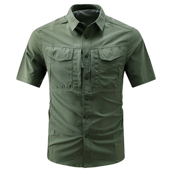 Chiccall Men's Short Sleeve Fishing Shirts with Mesh Lining Lightweight Summer Comfy Outdoor Quick Dry Stretch Button Down Cargo Shirts with Multi Pockets