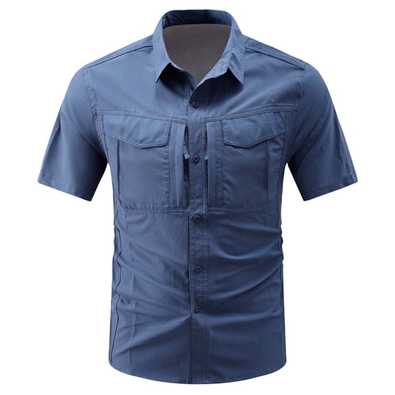 Chiccall Men's Short Sleeve Fishing Shirts with Mesh Lining Lightweight Summer Comfy Outdoor Quick Dry Stretch Button Down Cargo Shirts with Multi Pockets