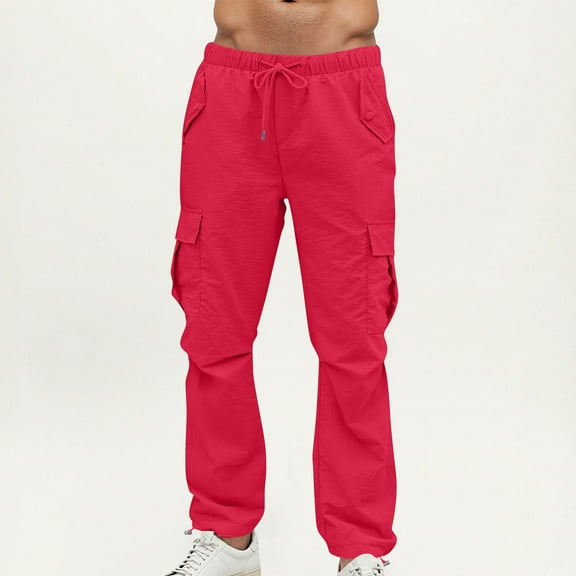 Chiccall Men's Straight Leg Cargo Pants Loose Fit Casual Drawstring Pants Lightweight Elastic Waist Adjustable Bottom Outdoor Hiking Trousers with 4 Pockets