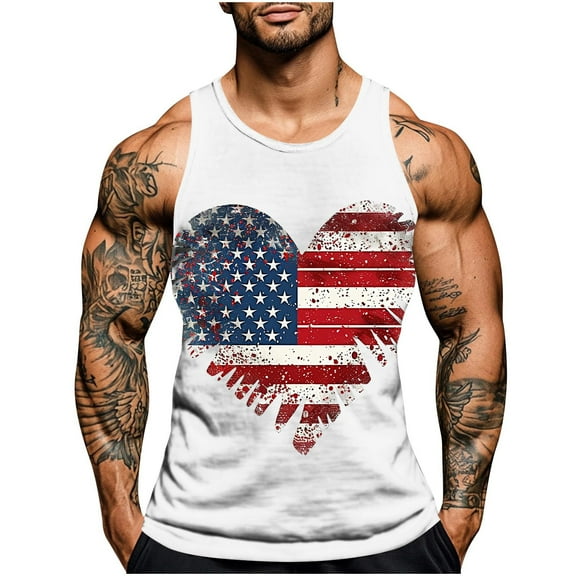 Chiccall Men's Summer Tops 4th of July Patriotic Tank Tops Independence Day Flag Print Casual Sleeveless Athletic Muscle Shirts