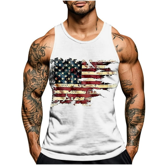 Chiccall Men's Summer Tops 4th of July Patriotic Tank Tops Independence Day Flag Print Casual Sleeveless Athletic Muscle Shirts
