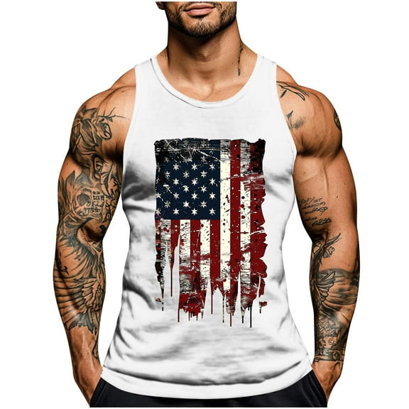 Chiccall Men's Summer Tops 4th of July Patriotic Tank Tops Independence Day Flag Print Casual Sleeveless Athletic Muscle Shirts