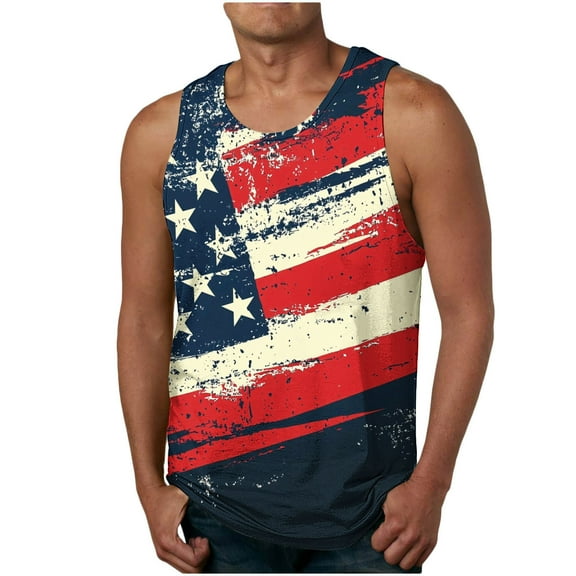 Chiccall Men's Summer Tops Independence Day 4th of July Tank Tops Flag Print Casual Stretch Sleeveless Muscle Shirts