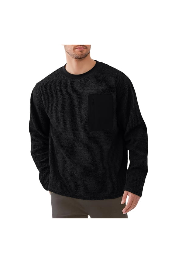 Men's Sweater Long Sleeve Fuzzy Crew Neck Pullover Loungewear Casual Cozy Undershirt with Pocket