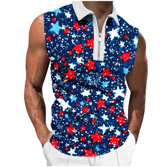 Chiccall Men's Tank Tops Summer Independence Day Patriotic Day American Flag Graphic Zip-Up V-Neck Sleeveless Casual Loose Blouse Shirts Tops