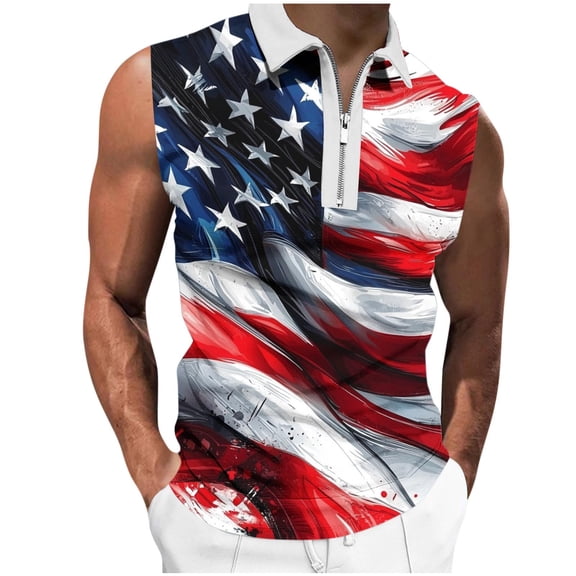 Chiccall Men's Tank Tops Summer Independence Day Patriotic Day American Flag Graphic Zip-Up V-Neck Sleeveless Casual Loose Blouse Shirts Tops
