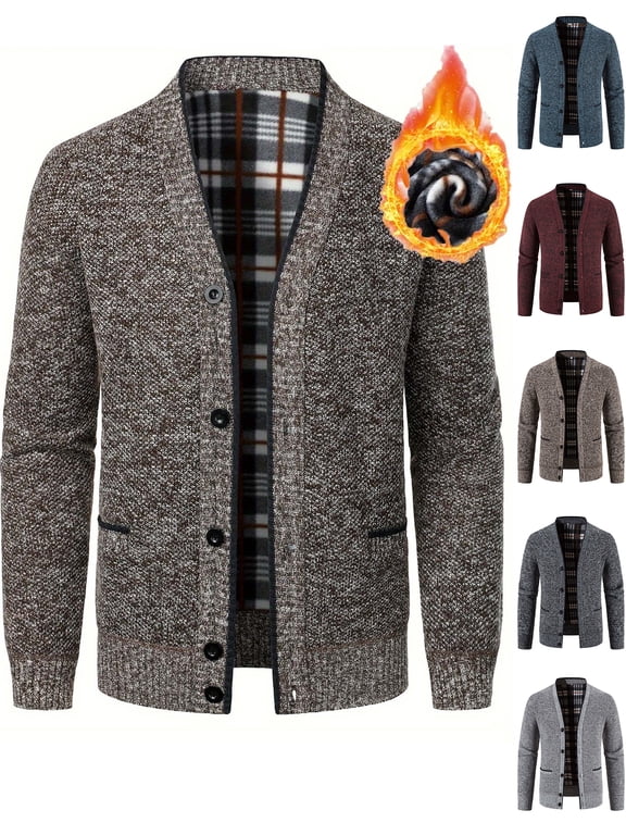 Men's Vintage Cardigan Sweaters Thick Knitted Fleece Lined Warm Winter Button Up Sweaters Coat with Pocket