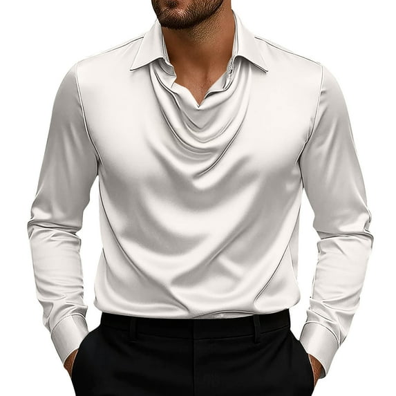 Chiccall Men's Vintage Satin Button Pleated Shirts Long Sleeve Casual Lapel Party Tops