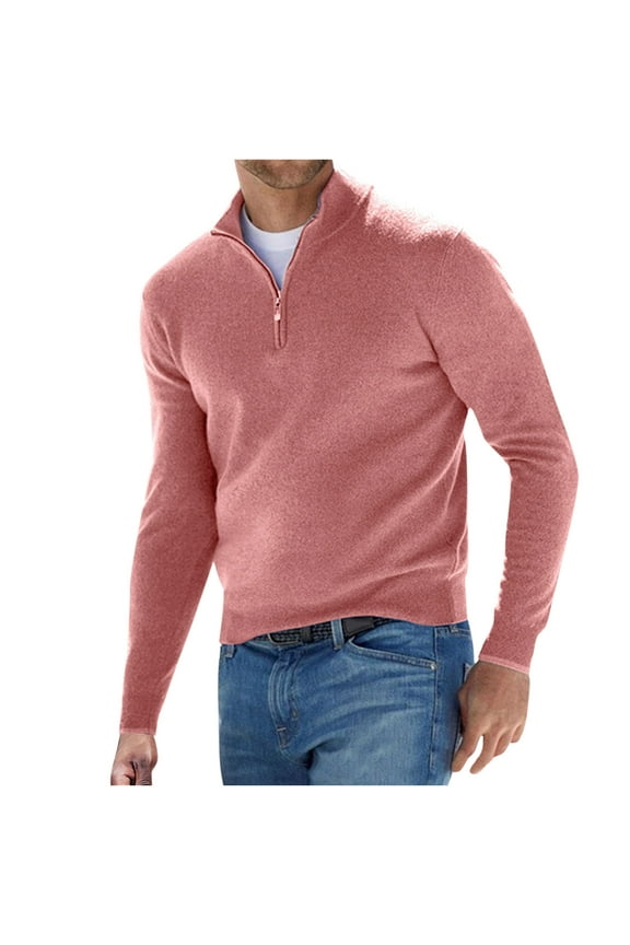 Men's Winter Fashion Wool Sweater Quarter Zip Stand Up Collar Solid Long-Sleeve Knitted Pullover