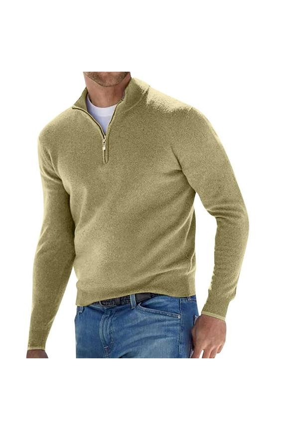 Men's Winter Fashion Wool Sweater Quarter Zip Stand Up Collar Solid Long-Sleeve Knitted Pullover