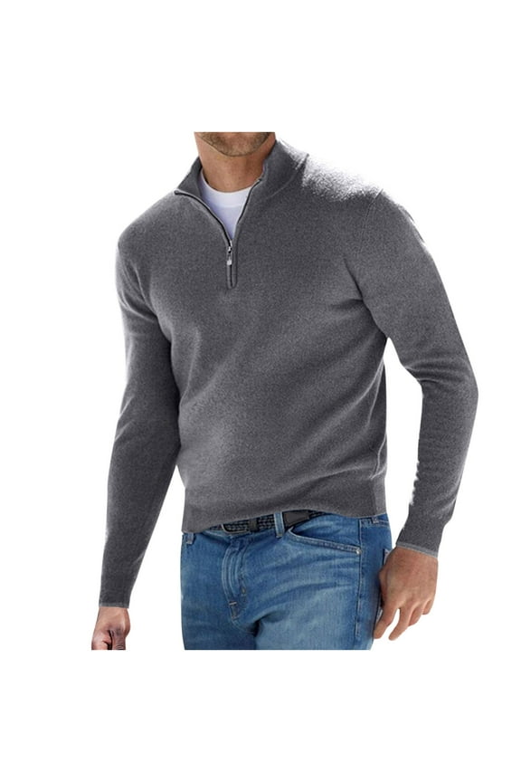 Men's Winter Fashion Wool Sweater Quarter Zip Stand Up Collar Solid Long-Sleeve Knitted Pullover