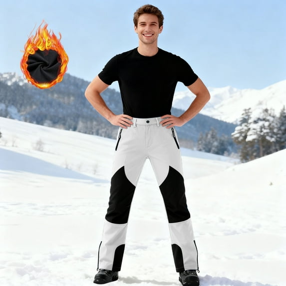 Chiccall Men's Winter Ski Pants with Fleece Lining Colorblock Thermal Warm Waterproof Button Zipper Snow Pants Outdoor Windproof Hiking with Pockets