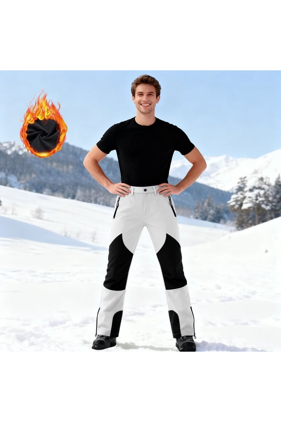 Men's Winter Ski Pants with Fleece Lining Colorblock Thermal Warm Waterproof Button Zipper Snow Pants Outdoor Windproof Hiking with Pockets