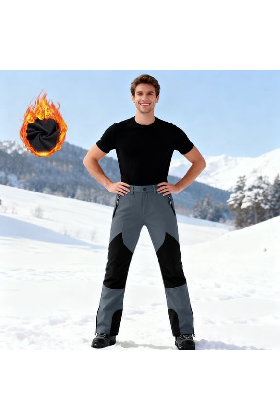 Men's Winter Ski Pants with Fleece Lining Colorblock Thermal Warm Waterproof Button Zipper Snow Pants Outdoor Windproof Hiking with Pockets