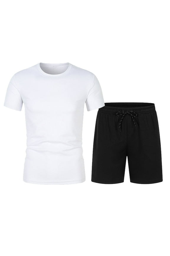 Mens 2 Pieces Summer Outfits Solid Drawstring Shorts Short Sleeve Crew Neck Tops Shirts Vacation Set for Men