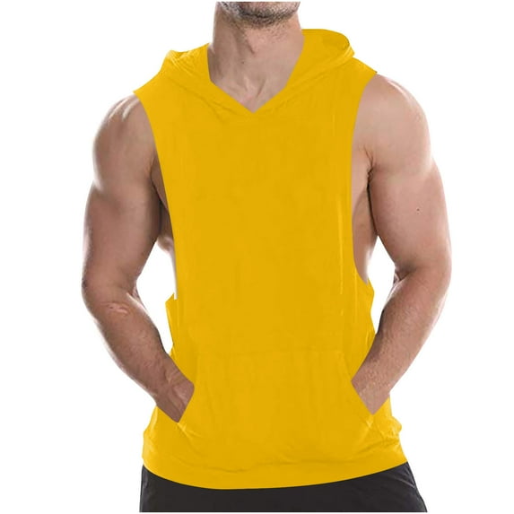 Chiccall Mens Athletic Cotton Hoodie Gym Workout Sleeveless Lightweight Cut Off Summer Muscle Tank Tops with Kangaroo Pocket Yellow