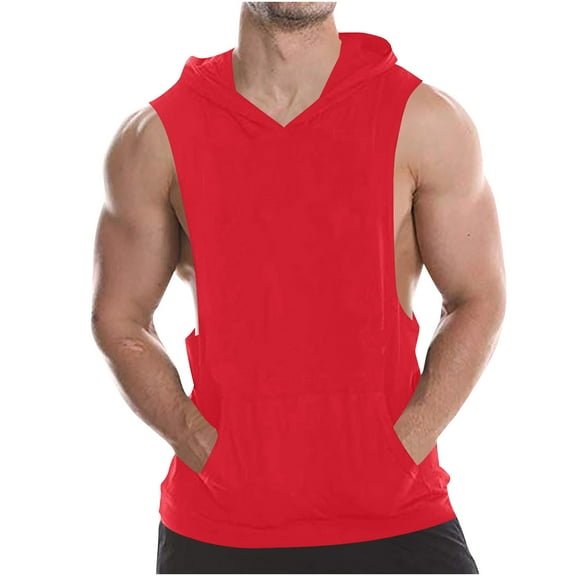 Chiccall Mens Athletic Cotton Hoodie Gym Workout Sleeveless Lightweight Cut Off Summer Muscle Tank Tops with Kangaroo Pocket Red