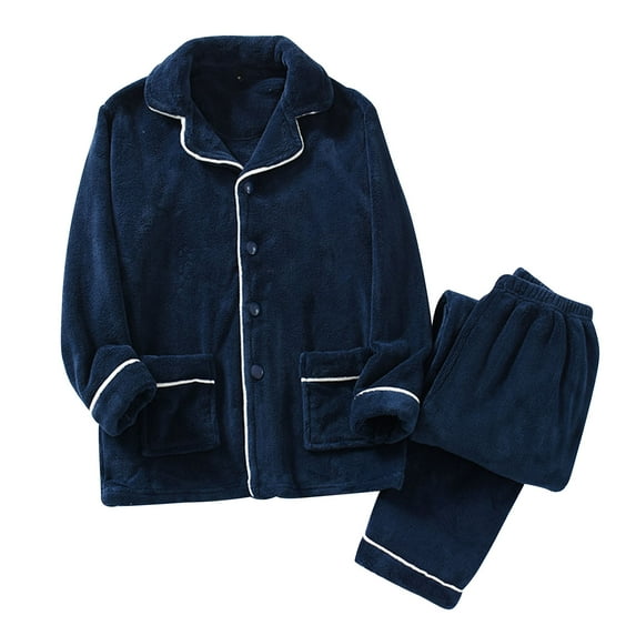 Chiccall Mens Button Down Pajama Set Soft Comfy Soft Fleece Lapel Sleepwear Baggy Pants Long Sleeve Flannel Fuzzy Pajama Set for Men