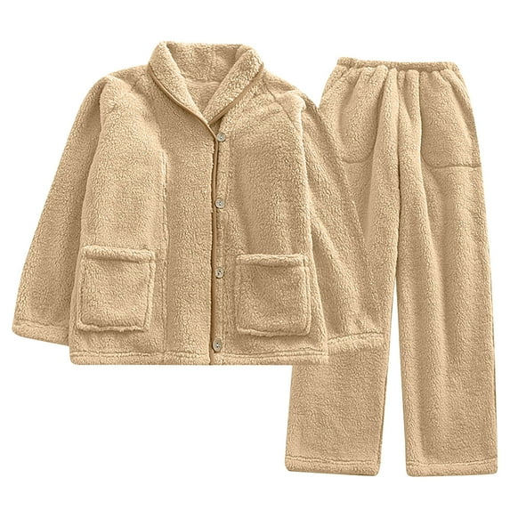 Chiccall Mens Button Down Pajama Set Soft Comfy Thickened Fuzzy Lapel Sleepwear Baggy Pants Soft Fleece Pajama Set for Men
