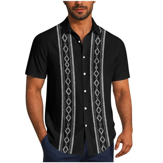 Chiccall Mens Button Down Shirts Fashion Solid Printed Short Sleeve Summer Beach Blouse Tops (S-4XL) Black
