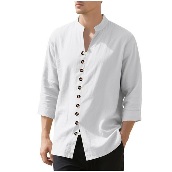 Chiccall Mens Button Down Shirts Solid 3/4 Sleeve Summer Casual Shirt Tops WhiteS