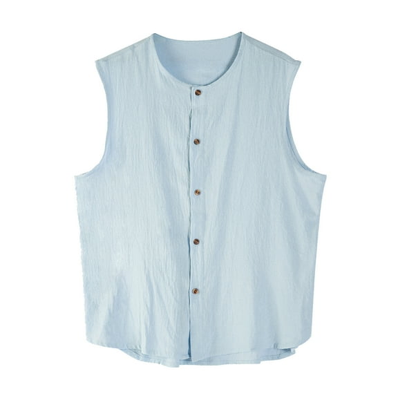Chiccall Mens Button Down Tank Tops Sleeveless Cotton Linen Breathable Vest Fashion Summer Beach Tops Sky BlueS