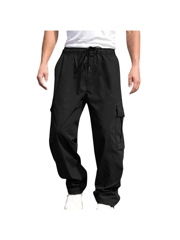 Mens Cargo Pants with 6 Pockets Casual Cotton Baggy Drawstring Loose Fit Wide Leg Hip Hop Streetwear