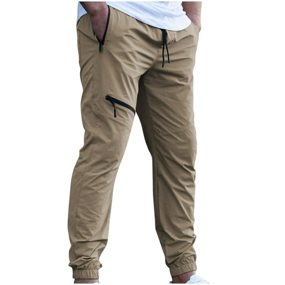 Chiccall Mens Cargo Pants with Zipper Pockets Casual Elastic Waist Drawstring Summer Slim Fit Beach Trousers Khaki 3XL