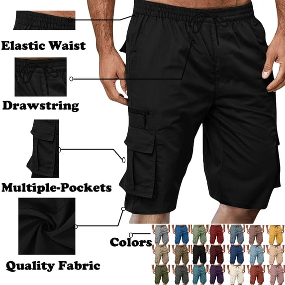Chiccall Mens Cargo Shorts Summer Casual Elastic Waist Drawstring Knee Length Outdoor Hiking Work Shorts with Multi Pockets
