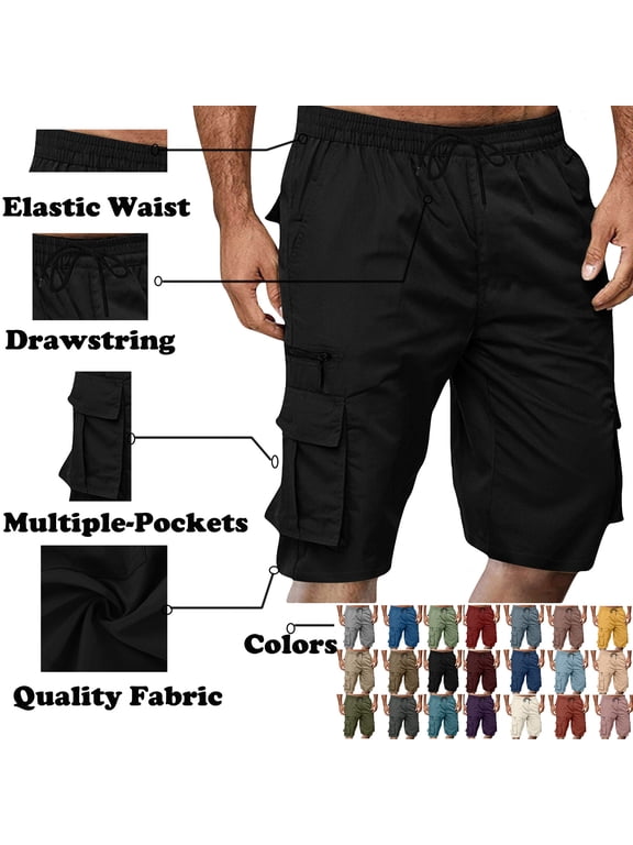 Mens Cargo Shorts Lightweight Summer Casual Elastic Waist Drawstring Knee Length Outdoor Hiking Work Shorts with Multi Pockets