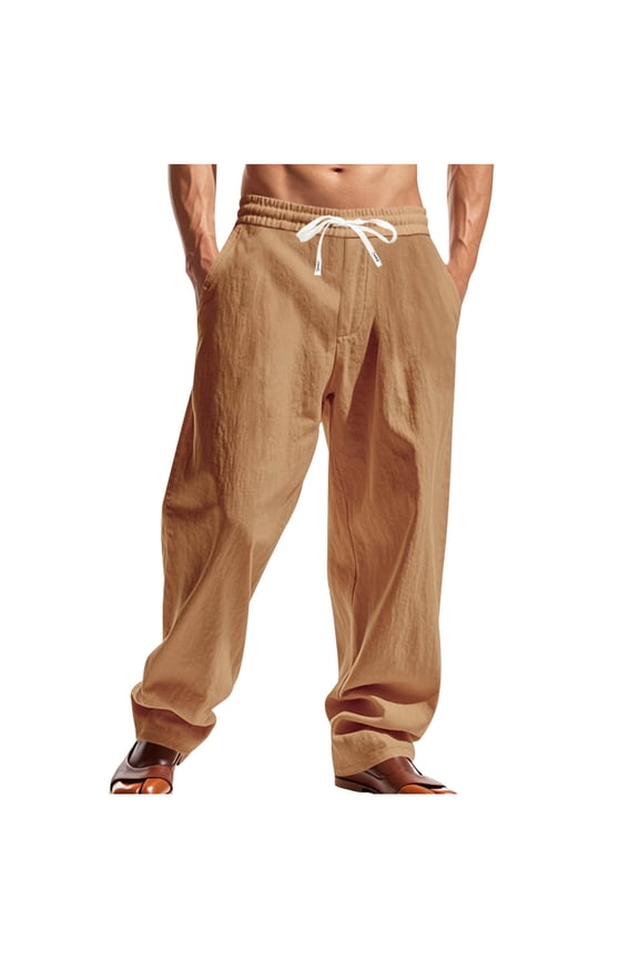 Mens Casual Cotton Linen Pants Solid Loose Fit Drawstring Elastic Waist Breathable Straight-Legs Summer Yoga Beach Long Pants