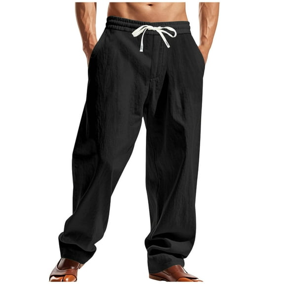 Chiccall Mens Casual Cotton Linen Pants Solid Loose Fit Drawstring Elastic Waist Breathable Straight-Legs Summer Yoga Beach Long Pants