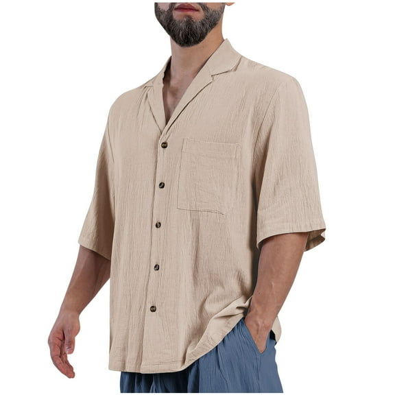 Chiccall Mens Casual Cotton Linen Shirts Solid Short Sleeve Button Down Beach Vacation Tops with Pocket