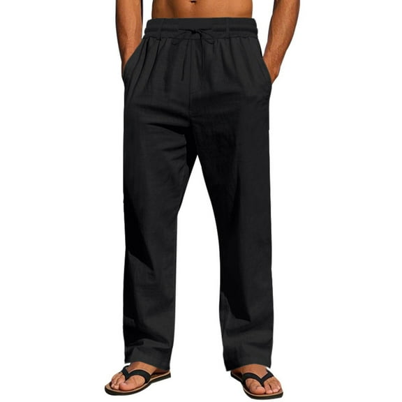 Chiccall Mens Casual Cotton Pants Loose Fit Elastic Drawstring Waist Straight-Legs Summer Yoga Beach Long Pants Black S